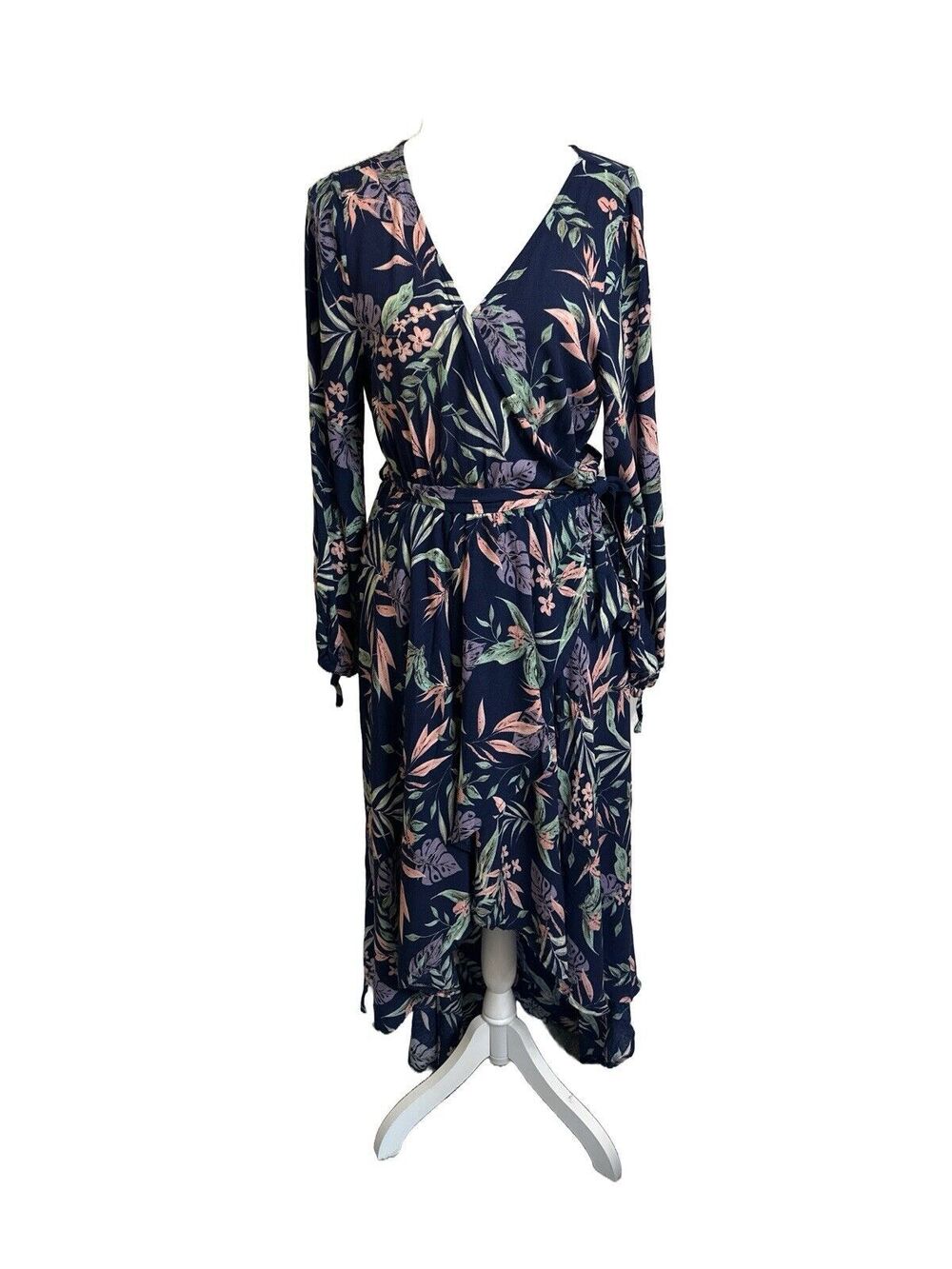 Fashion Leader Women's L Blue Floral Hi Lo Long Sleeve Maxi Dress V-neck Belt